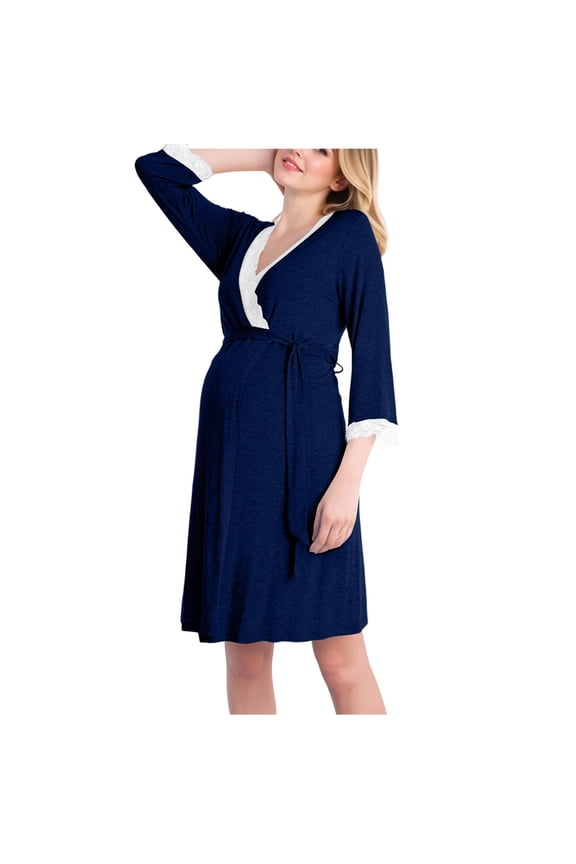 Women's Maternity Nursing Robe Lace Trim 3/4 Sleeve Pregnancy Breastfeeding Bathrobes Loose V Neck Wrap Maternity Sleepwear