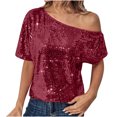 thumbnail image 1 of OGLCCG Women's Off Shoulder Sequin Top Short Sleeve Sparkly Glitter T Shirts Blouses Solid Color Fashion Cocktail Party Shirts,S,Wine, 1 of 8