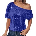 thumbnail image 1 of OGLCCG Women's Off Shoulder Sequin Top Short Sleeve Sparkly Glitter T Shirts Blouses Solid Color Fashion Cocktail Party Shirts,XXL,Blue, 1 of 8