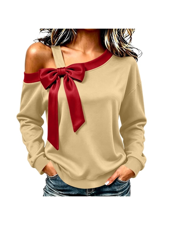 Women's Off The Shoulder Sweatshirt with Bow Oversized Long Sleeve Tunic Top Lightweight Fall Clothes S-2XL