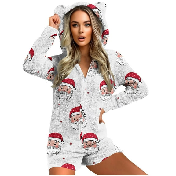 OGLCCG Women's One Piece Christmas Pajamas Santa Claus Print V Neck Long Sleeve Short Jumpsuit Cute Hooded Sleepwear Bodycon Romper