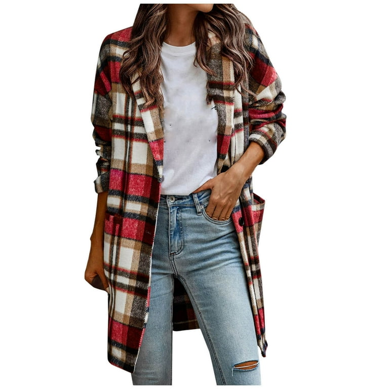 OGLCCG Women s Plaid Wool Blend Jackets 2023 Fall Fashion Notch Lapel Single Breasted Mid Long Pea Trench Coat with Pockets Walmart