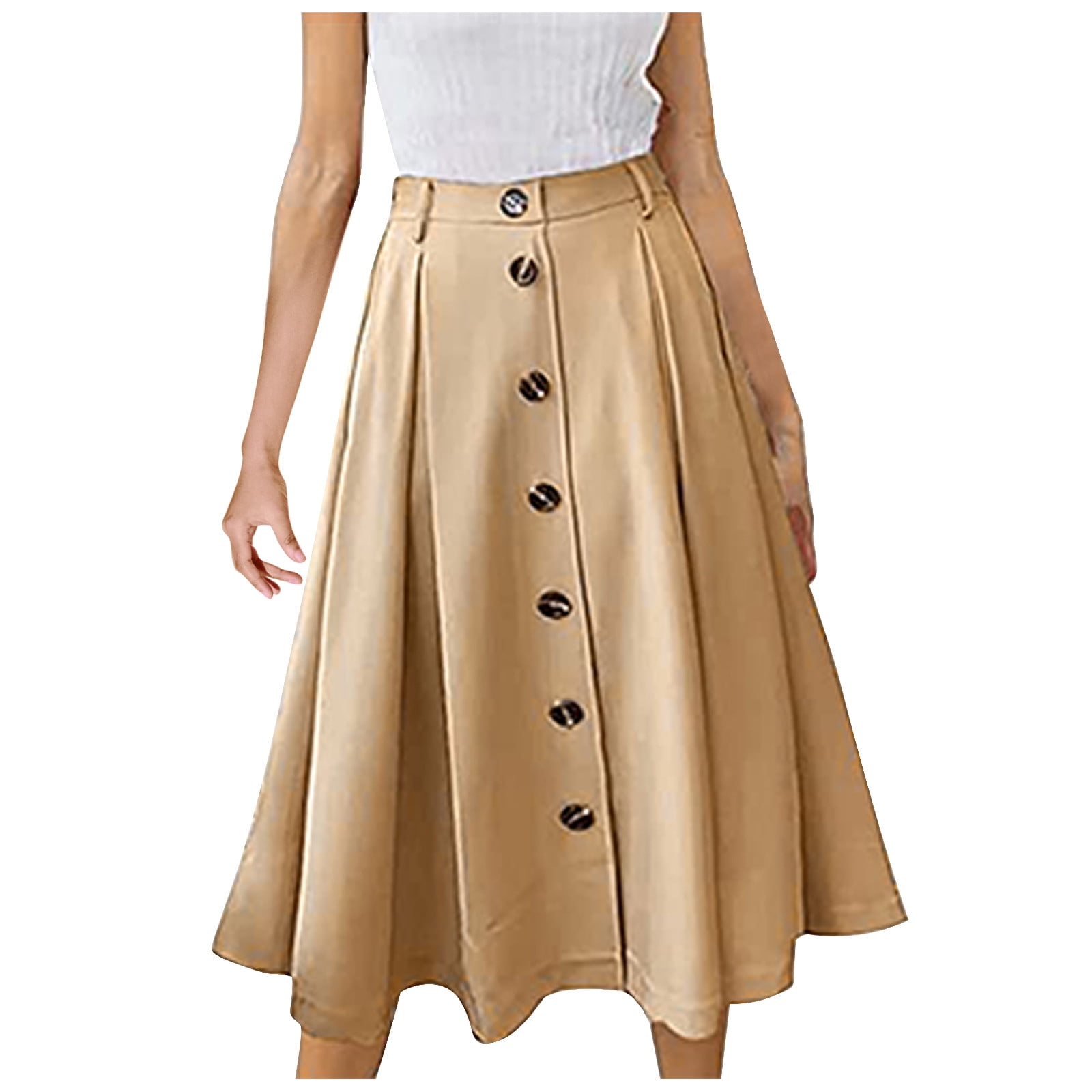 OGLCCG Women's Pleated Midi Skirt High Waist Button Front A Line