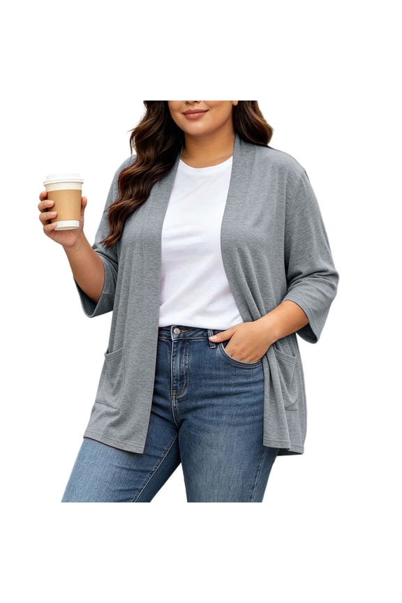 Women's Plus Size Cardigan Soft 3/4 Sleeve Open Front Cardigans Sweater with Pockets Casual Lightweight Cardigans for women