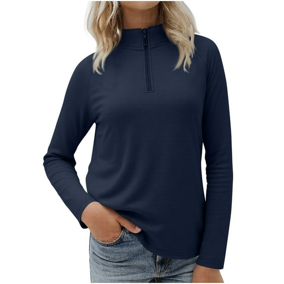 OGLCCG Women's Quarter Zip Pullover Tops Lightweight Stand-Collar Polar Fleece Sweatshirts Solid Color Fall Winter Warm Tops,M,Navy