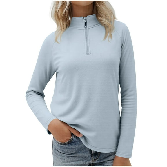 OGLCCG Women's Quarter Zip Pullover Tops Lightweight Stand-Collar Polar Fleece Sweatshirts Solid Color Fall Winter Warm Tops,XL,Blue
