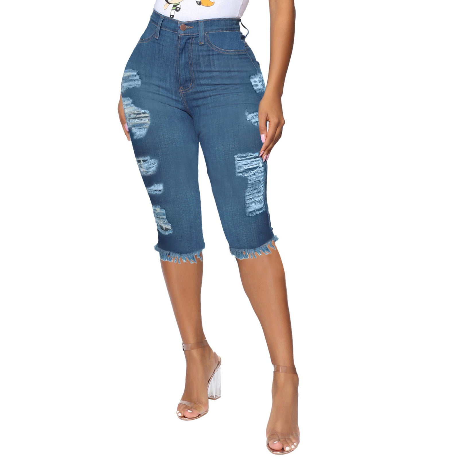 Light Blue Plus Size Mid-Waist Ripped Denim Bermuda Shorts – Lookbook Store