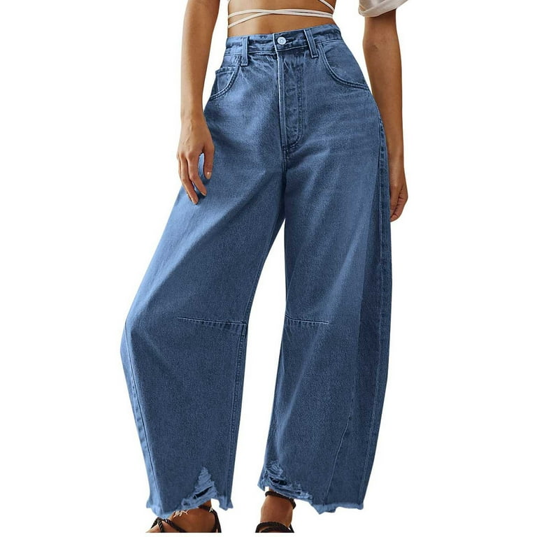 casual Solid Color high waist ripped trousers jeans casual Solid Color high waist ripped trousers jeans