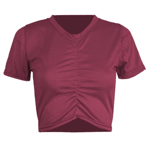 OGLCCG Women's Ruched Front Crop Tops Casual Summer Short Sleeve Crewneck Basic Tshirts Trendy Going Out Breathable Pullover Tees,S,Wine