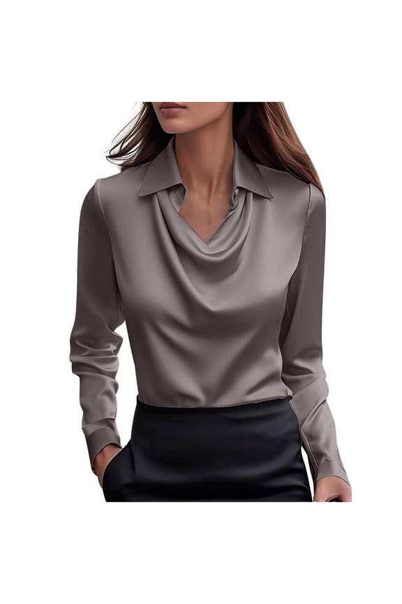 Women's Satin Silky Cowl Neck Shirts Drape Ruched Front Long Sleeve Office Work Silk Shirt Casual Dressy Business Blouses Tops,S,Gray