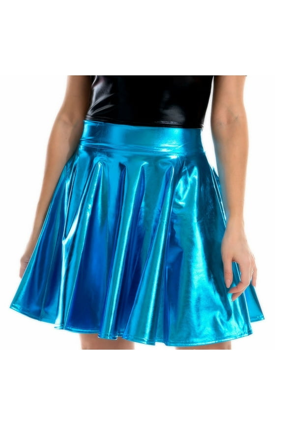 Women's Shiny Liquid Metallic Mini Skirt Casual Fashion Flared Pleated A-Line Circle Skater Skirt Holographic Costume