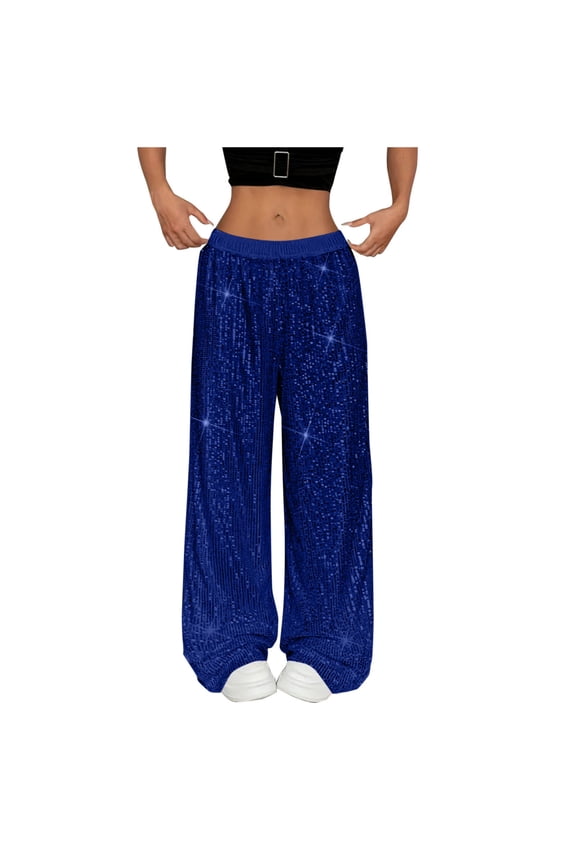 Women's Shiny Sequin Wide Leg Pants Elastic Waist Sparkly Glitter Baggy Trousers Trendy Loose 70S Disco Party Club Palazzo Pants,L,Dark Blue