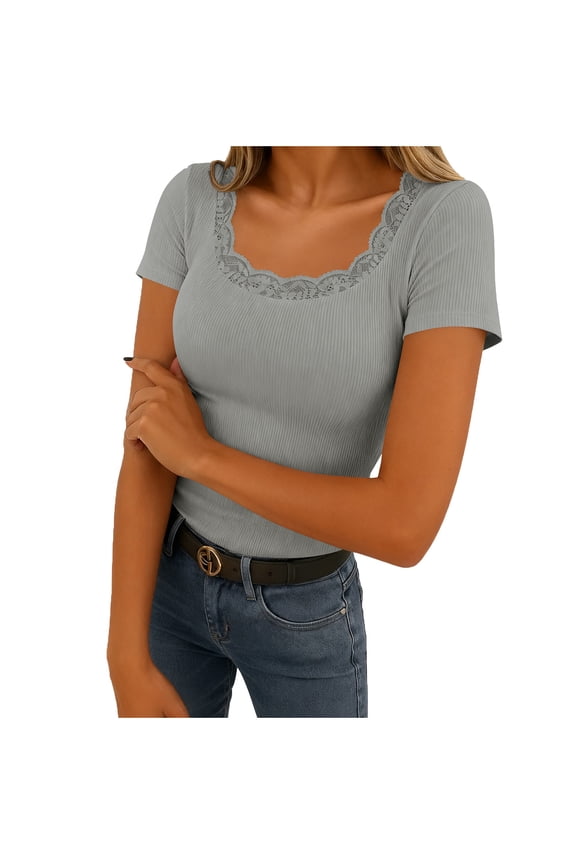 Women's Short Sleeve Tops Scoop Neck Lace Trim Ribbed Fitted Tight T Shirts Solid Color Trendy Casual Stretch Basic Tee,M,Gray