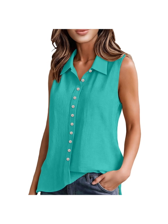 Women's Sleeveless Button Down Shirts Casual Cotton Linen Collared Tank Top V Neck Summer Work Office Blouses Tops,L,Mint Green