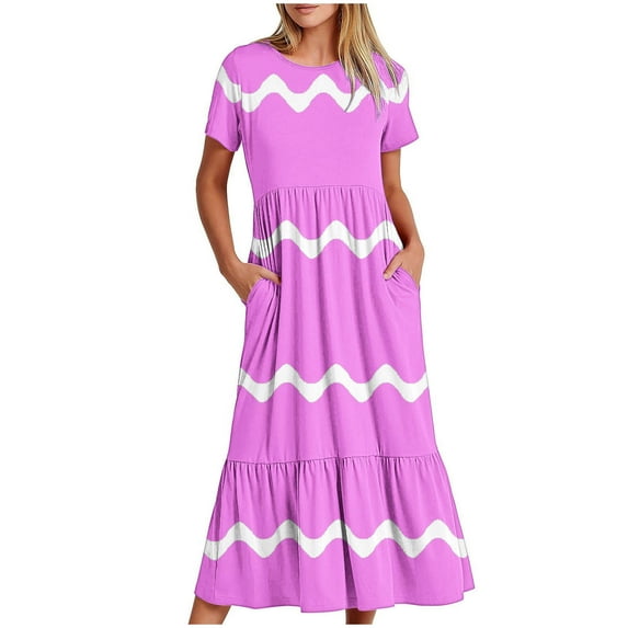 OGLCCG Women's Summer Casual Pockets Dress Short Sleeve Crewneck Swing Dresses Wave Printed Flowy Beach Dress
