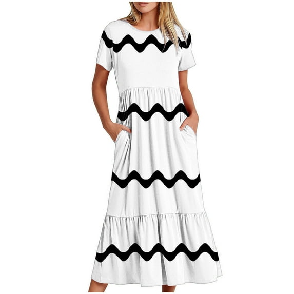 OGLCCG Women's Summer Casual Pockets Dress Short Sleeve Crewneck Swing Dresses Wave Printed Flowy Beach Dress