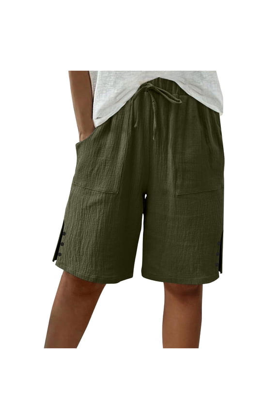 Women's Summer Shorts High Waist Wide Leg Side Slit Button Bermuda Shorts Solid Color Casual Comfy Beach Short with Side Pockets,XL,Army Green
