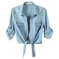 thumbnail image 1 of OGLCCG Women's Tie Knot Front Denim Shirt Trendy Roll Up Sleeve Lapel Jean Tops Cotton Classic Casual Button Down Crop Jacket Cardigan, 1 of 1