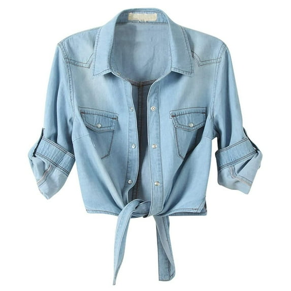 OGLCCG Women's Tie Knot Front Denim Shirt Trendy Roll Up Sleeve Lapel Jean Tops Cotton Classic Casual Button Down Crop Jacket Cardigan