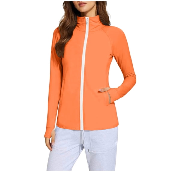 OGLCCG Women's UPF 50+ Jackets Sun Protection Golf Athletic Jackets Lightweight Full Zip Long Sleeve Workout Shirts with Pockets,XXL,Orange