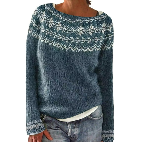 OGLCCG Women's Vintage Fair Isle Knitted Pullover Sweater Casual Loose Crewneck Long Sleeve Jumper Tops Fall Fashion Crewneck Pullover Tops,L,Navy
