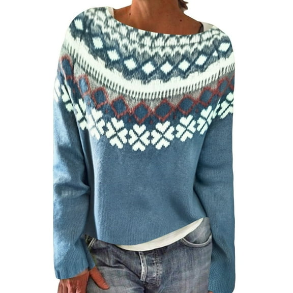 OGLCCG Women's Vintage Fair Isle Knitted Pullover Sweater Casual Loose Crewneck Long Sleeve Jumper Tops Fall Fashion Crewneck Pullover Tops,XXL,Light Blue