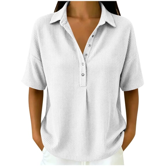 OGLCCG Women's Waffle Golf Shirts Half Button Short Sleeve Collard T-Shirt Summer Casual Tennis Work Athletic Tops,White