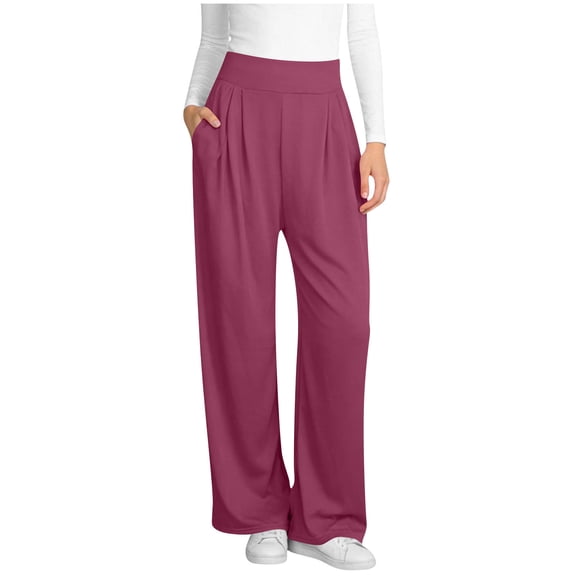OGLCCG Women's Wide Leg Pants with Pockets Casual Loose High Waist Yoga Pants Lightweight Solid Color Baggy Palazzo Lounge Pajama Pants,L,Wine