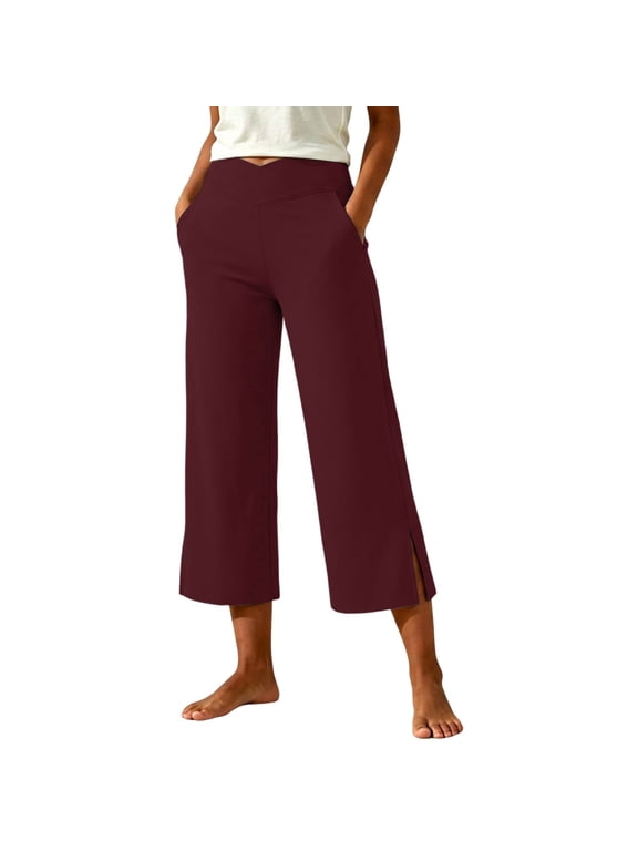 Women's Wide Leg Yoga Pants High Waist Slit Hem Stretchy Trousers Soft Casual Workout Cropped Pants with Pockets,Wine