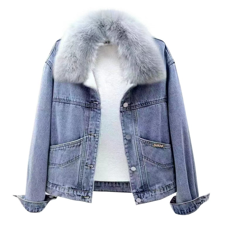 Ladies denim jacket with fur online