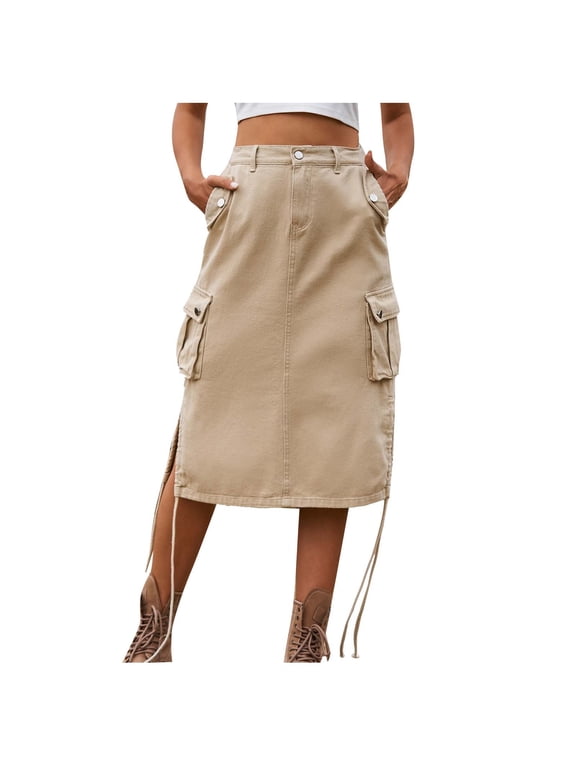 Women's Y2k Cargo Midi Skirt High Waist Flap Pocket Drawstring A-Line Flared Jean Skirt Fashion Side Split Skirt