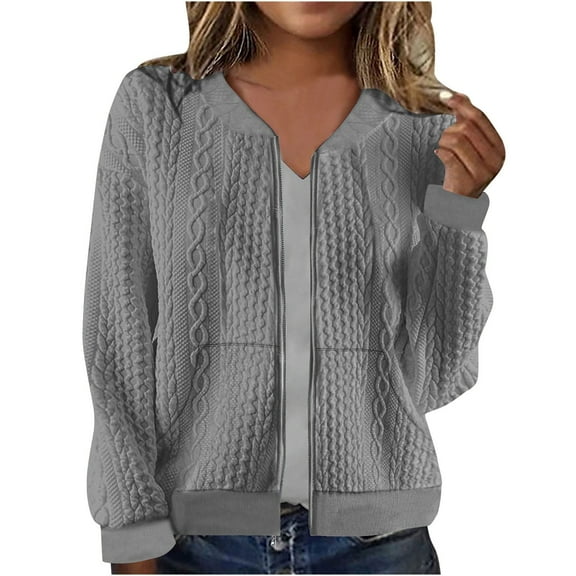 OGLCCG Women's Zip Up Sweater Long Sleeve Open Front Cable Knit Cardigan with Pockets Lightweight Stand Collar Hoodless Outwear Coats,M,Gray