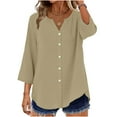 thumbnail image 1 of OGLCCG Womens 3/4 Sleeve Button Down Shirts Solid Color Open Front Cardigan Blouse Casual Loose Fit V Neck Button Up Soft Summer T Shirt,L,Khaki, 1 of 8