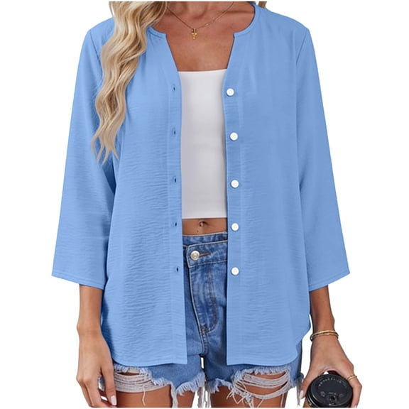 OGLCCG Womens 3/4 Sleeve Button Down Shirts Solid Color Open Front Cardigan Blouse Casual Loose Fit V Neck Button Up Soft Summer T Shirt,L,Light Blue