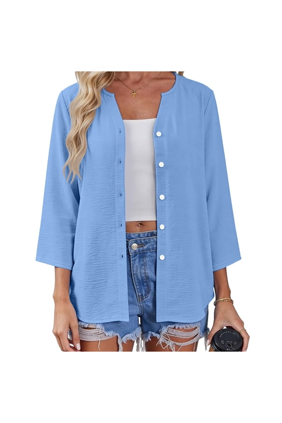 Womens 3/4 Sleeve Button Down Shirts Solid Color Open Front Cardigan Blouse Casual Loose Fit V Neck Button Up Soft Summer T Shirt,L,Light Blue
