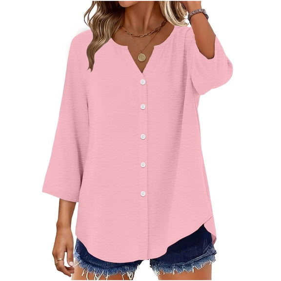 OGLCCG Womens 3/4 Sleeve Button Down Shirts Solid Color Open Front Cardigan Blouse Casual Loose Fit V Neck Button Up Soft Summer T Shirt,L,Pink