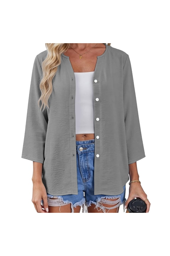 Womens 3/4 Sleeve Button Down Shirts Solid Color Open Front Cardigan Blouse Casual Loose Fit V Neck Button Up Soft Summer T Shirt,M,Gray