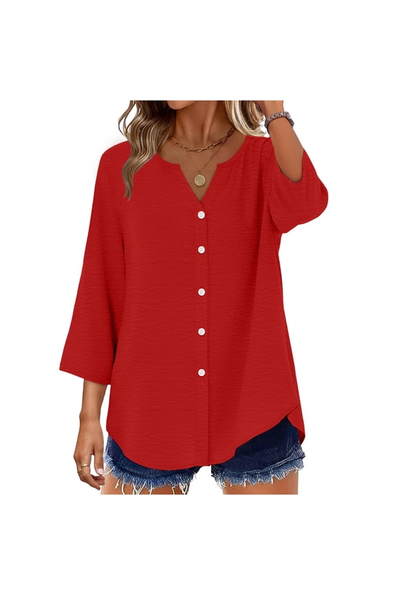 Womens 3/4 Sleeve Button Down Shirts Solid Color Open Front Cardigan Blouse Casual Loose Fit V Neck Button Up Soft Summer T Shirt,S,Red