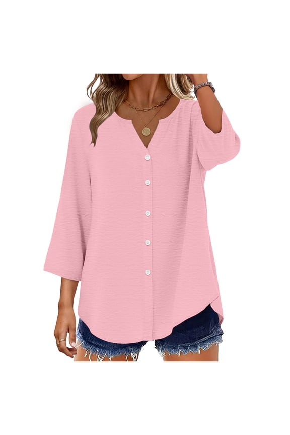 Womens 3/4 Sleeve Button Down Shirts Solid Color Open Front Cardigan Blouse Casual Loose Fit V Neck Button Up Soft Summer T Shirt,XL,Pink