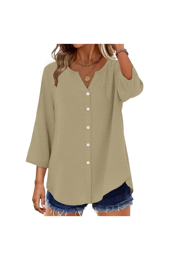 Womens 3/4 Sleeve Button Down Shirts Solid Color Open Front Cardigan Blouse Casual Loose Fit V Neck Button Up Soft Summer T Shirt,XXL,Khaki