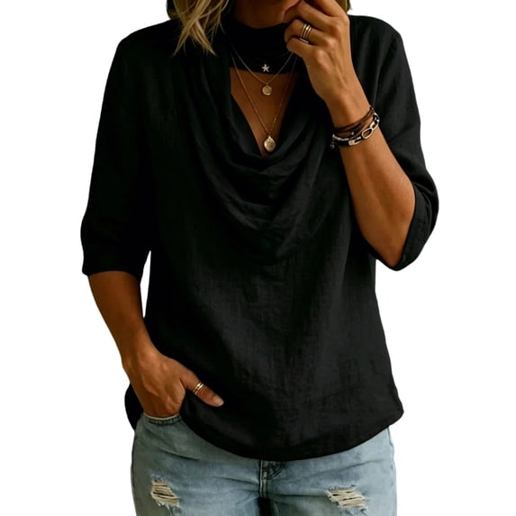 OGLCCG Womens 3/4 Sleeve Tops Trendy Draped Cowl Neck Tunic Shirts Office Business Blouse Dressy Casual Outfits
