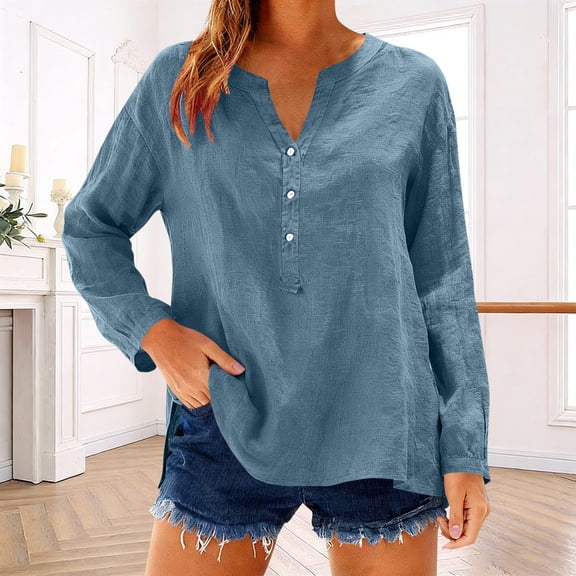 OGLCCG Womens Button Down Henley Shirts Long Sleeve V Neck Cotton Linen Shirt Casual Loose Fit Solid Color Summer Blouses Tops,XXL,Navy
