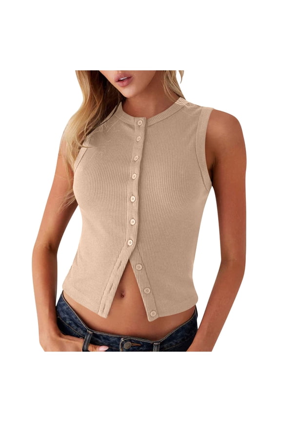Womens Button Down Ribbed Tank Top Summer Sleeveless Slim Fit Y2k Crew Neck Crop Tops Open Front Going Out Vest,Khaki