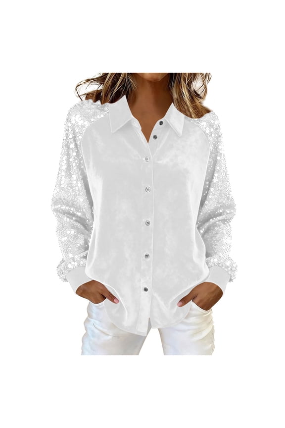 Womens Button Down Shirt Casual Sequin Long Sleeve Loose Collared Blouses Lightweight Fasion Classic Sparkle Party Shirts,XL,White