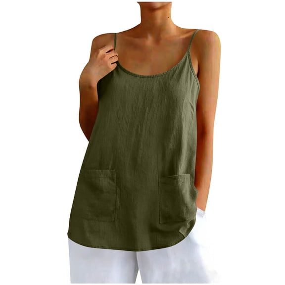 OGLCCG Womens Camisole Tank Tops Causal Cotton Linen V-Neck Sleeveless Tops Lightweight Summer Loose Fit Spaghetti Strap Cami Shirts,L,Army Green
