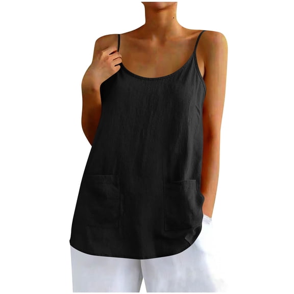 OGLCCG Womens Camisole Tank Tops Causal Cotton Linen V-Neck Sleeveless Tops Lightweight Summer Loose Fit Spaghetti Strap Cami Shirts,XXL,Black