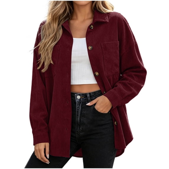 OGLCCG Womens Corduroy Button Down Shirts Long Sleeve Oversized Shacket Jacket Fall Casual Lapel Outerwear with Pockets,Size S-XXL