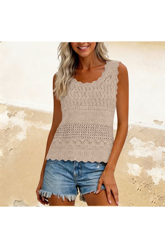 Womens Crochet Tank Tops Summer Boho Sleeveless Cute Knit Hollow Out Sweater Vest Trendy Loose Beach Vacation Tops,M,Khaki