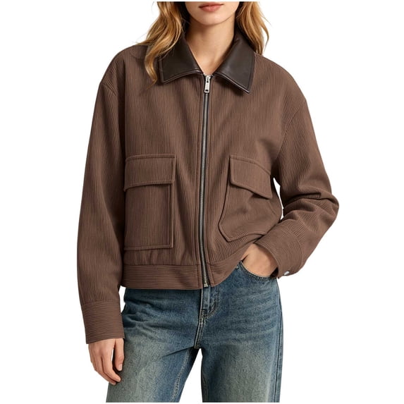 OGLCCG Womens Cropped Corduroy Jacket Casual Leather Collared Patchwork Zipper Shacket Coat with Pockets Long Sleeve Utility Bomber Jacket