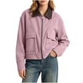 thumbnail image 1 of OGLCCG Womens Cropped Corduroy Jacket Casual Leather Collared Patchwork Zipper Shacket Coat with Pockets Long Sleeve Utility Bomber Jacket, 1 of 8